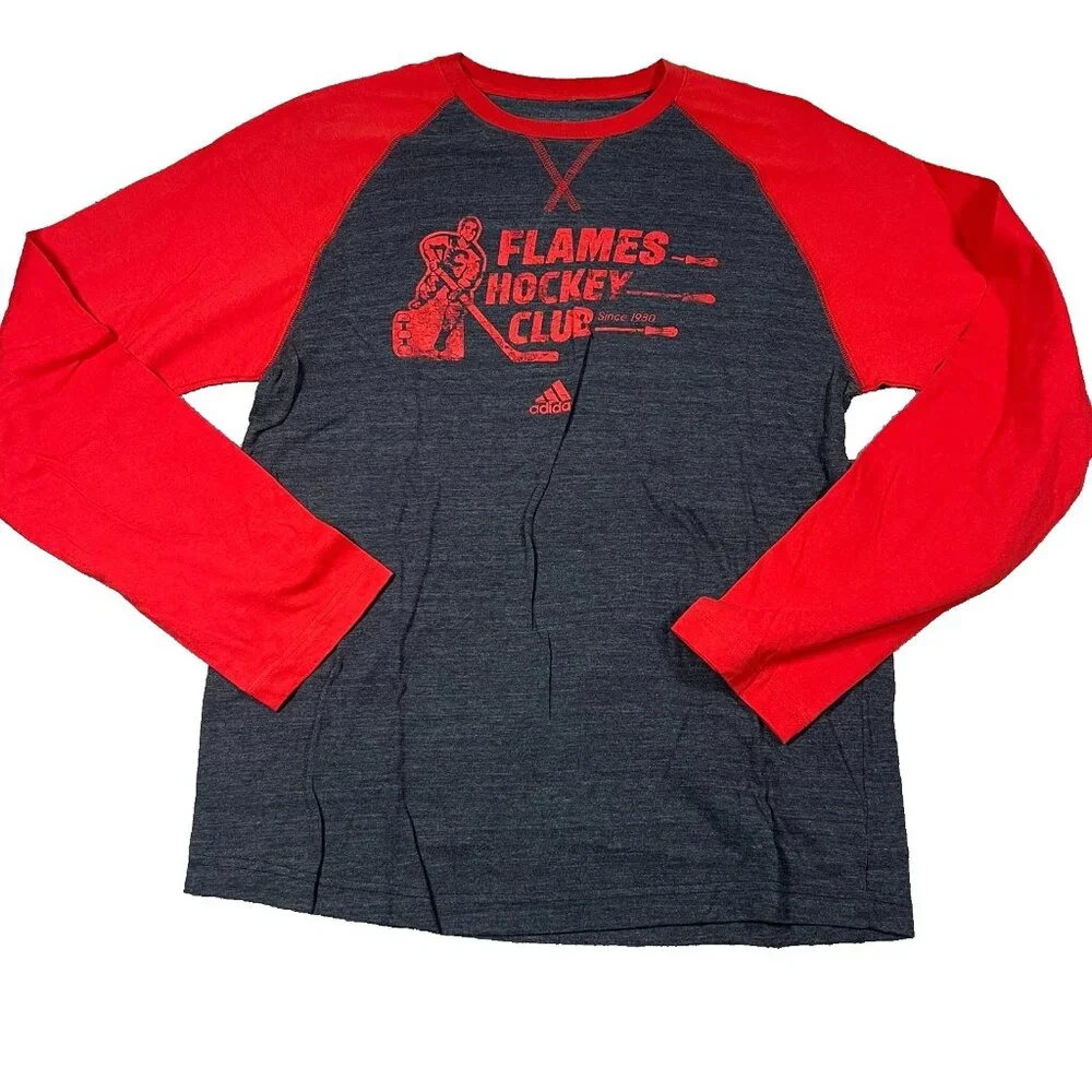 Adidas Mens Large Gray Red Calgary Flames Hockey‎ Club Raglan Sleeve T-Shirt NWT